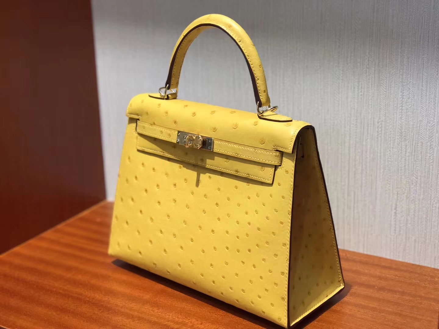 Fashion Ostrich Leather Kelly Bag25CM in 9D Ambre Yellow Gold Hardware