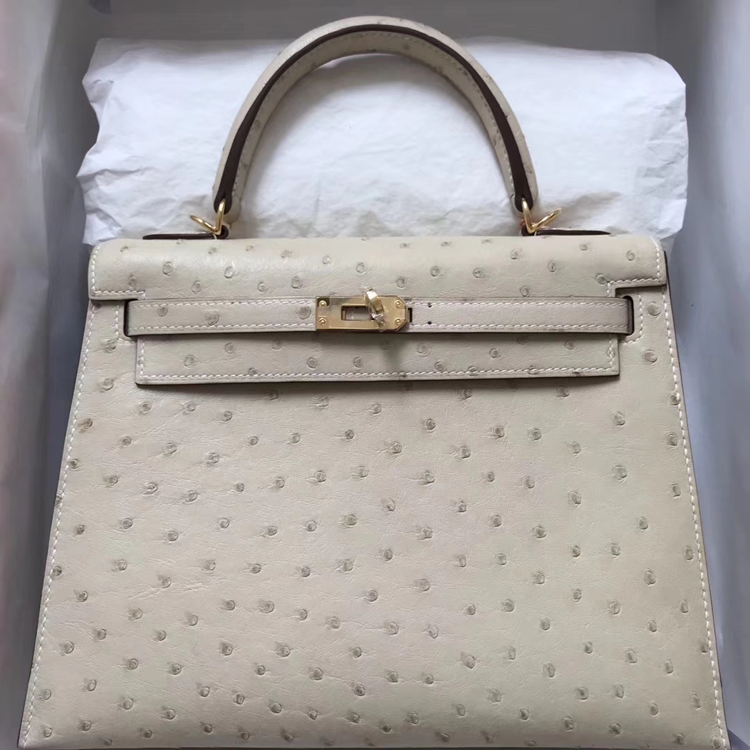 Discount Hermes Ostrich Leather Kelly25CM Bag in 3C Wool White Gold Hardware