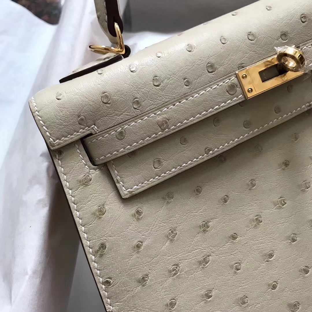 Discount Hermes Ostrich Leather Kelly25CM Bag in 3C Wool White Gold Hardware