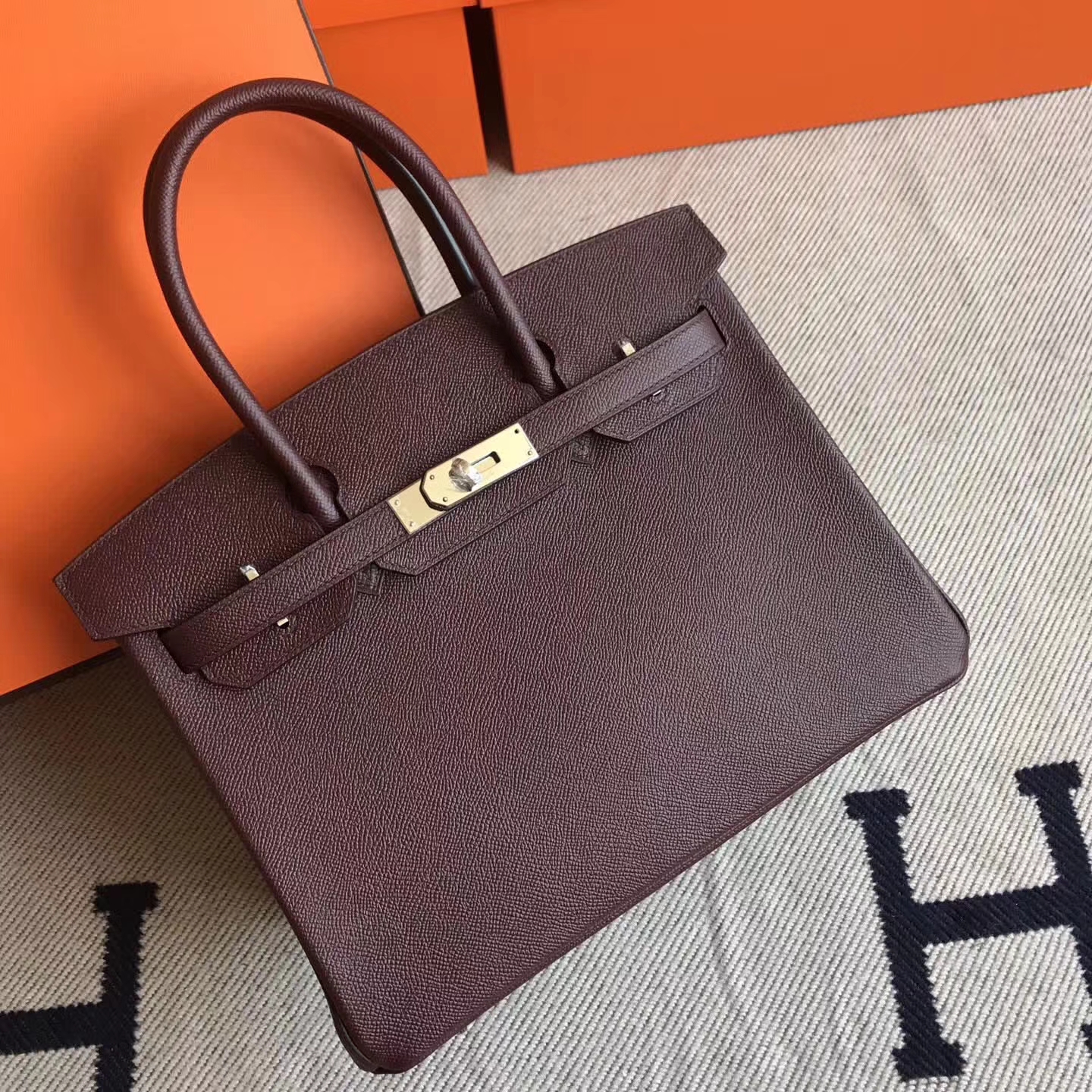 Elegant Hermes Epsom Leather Birkin Bag30cm in CK57 Bordeaux Silver Hardware