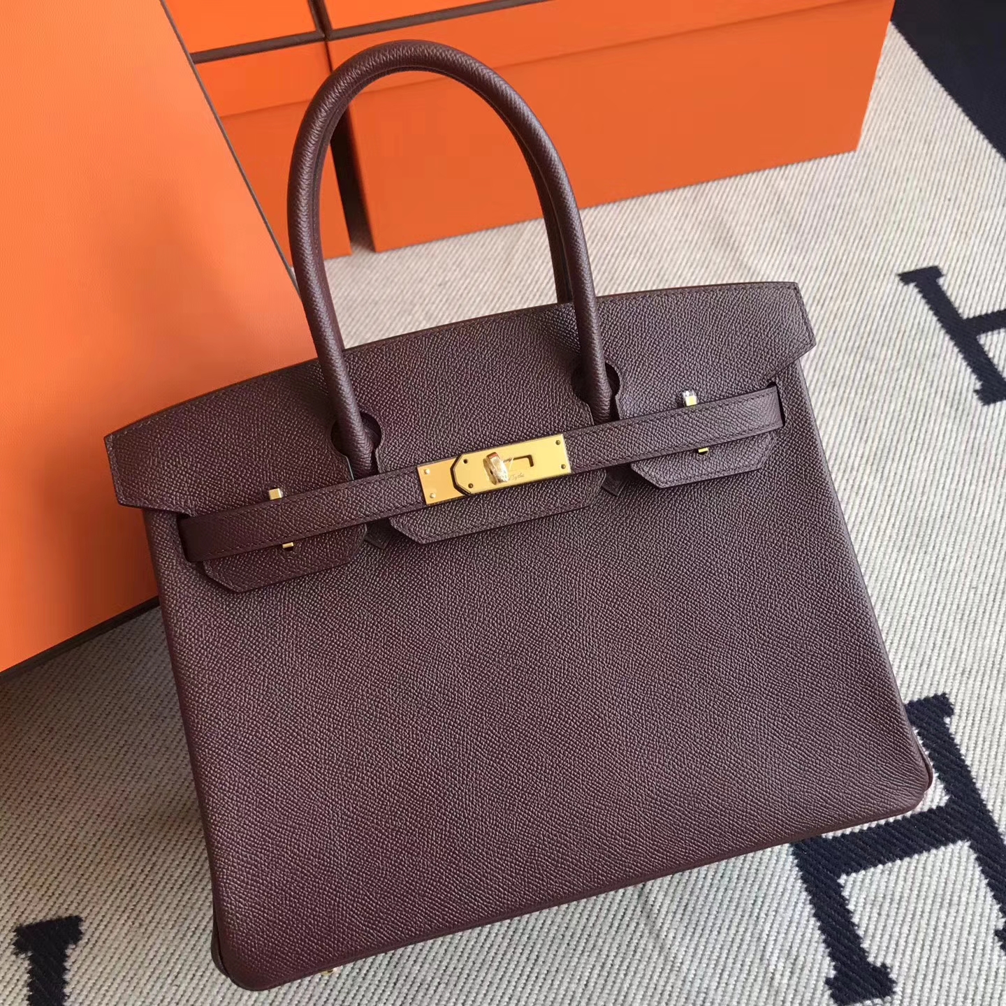 Hermes CK57 Bordeaux Epsom Leather Birkin30cm Tote Bag Gold Hardware