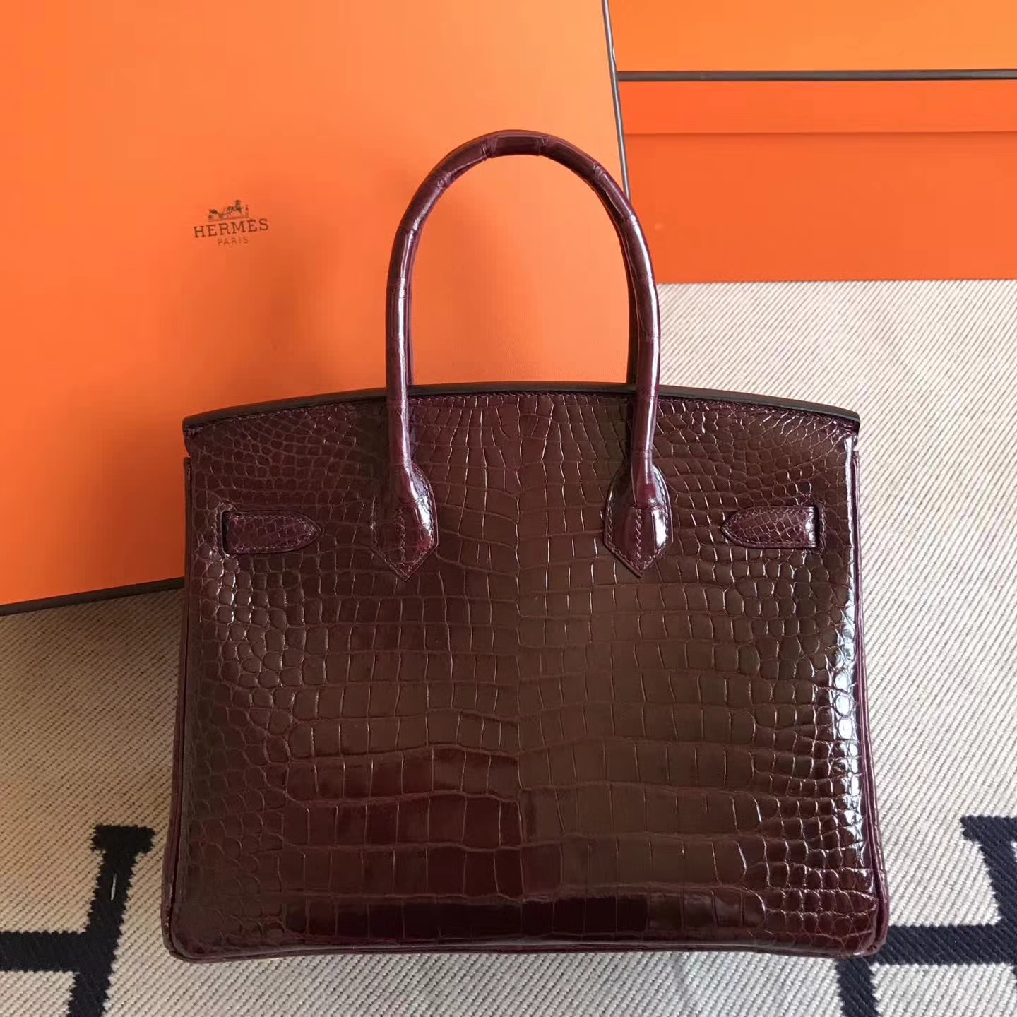 Luxury Hermes CK57 Bordeaux Crocodile Shiny Leather Birkin30cm Bag