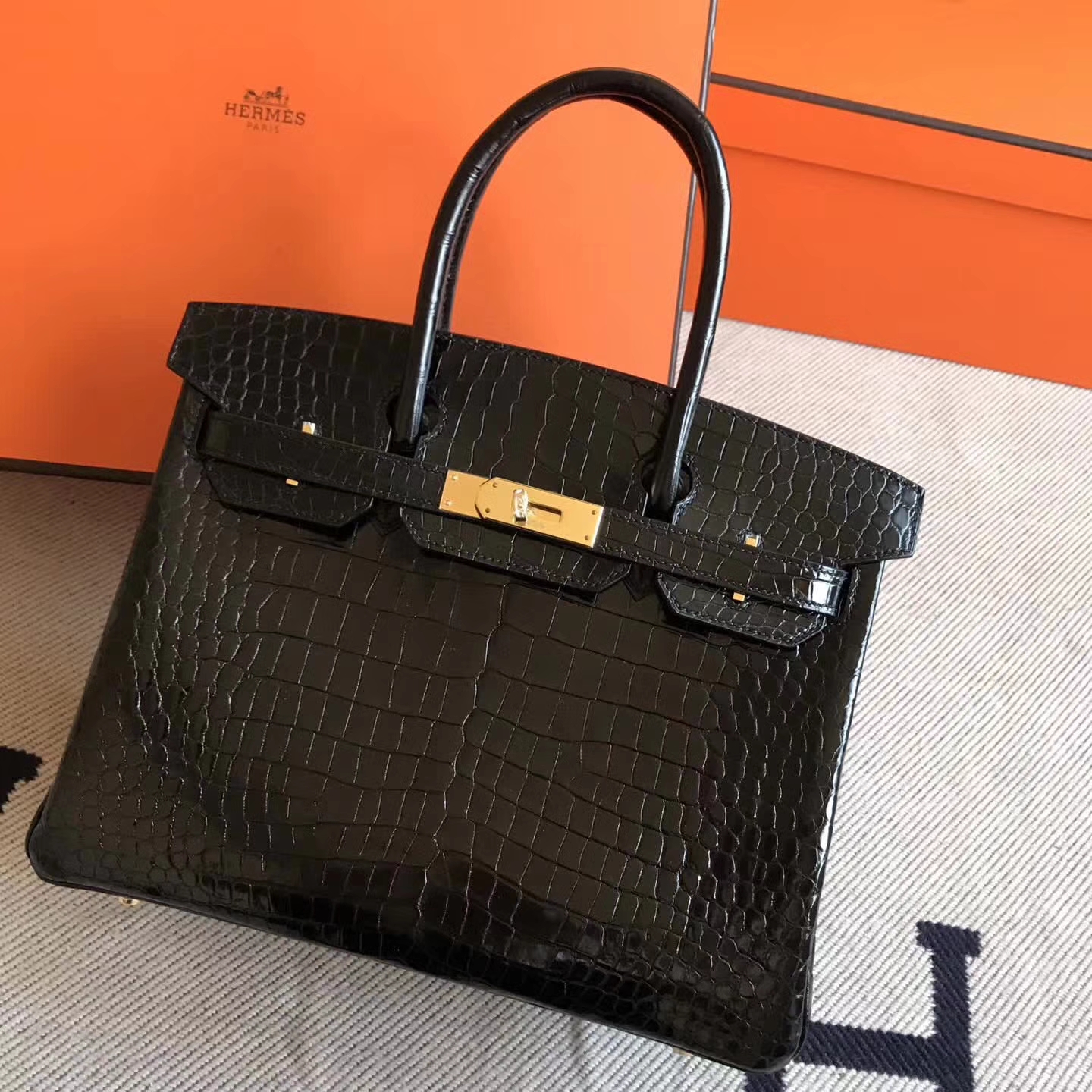 Discount Hermes Birkin30cm Handbag in CK89 Black Crocodile Shiny Leather