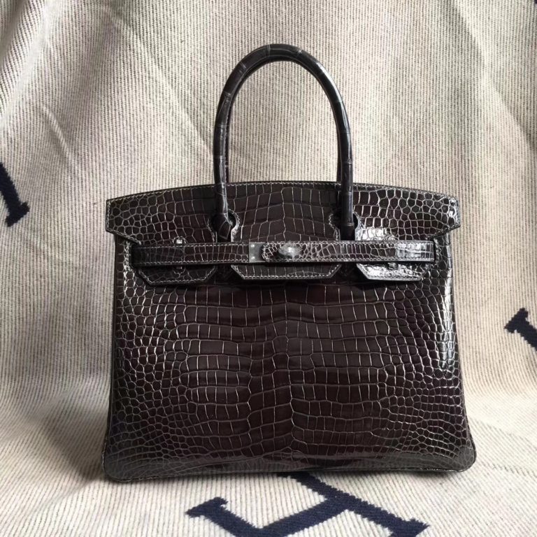 Hermes Crocodile Shiny Leather Birkin 30cm Bag in CK88 Graphite Grey