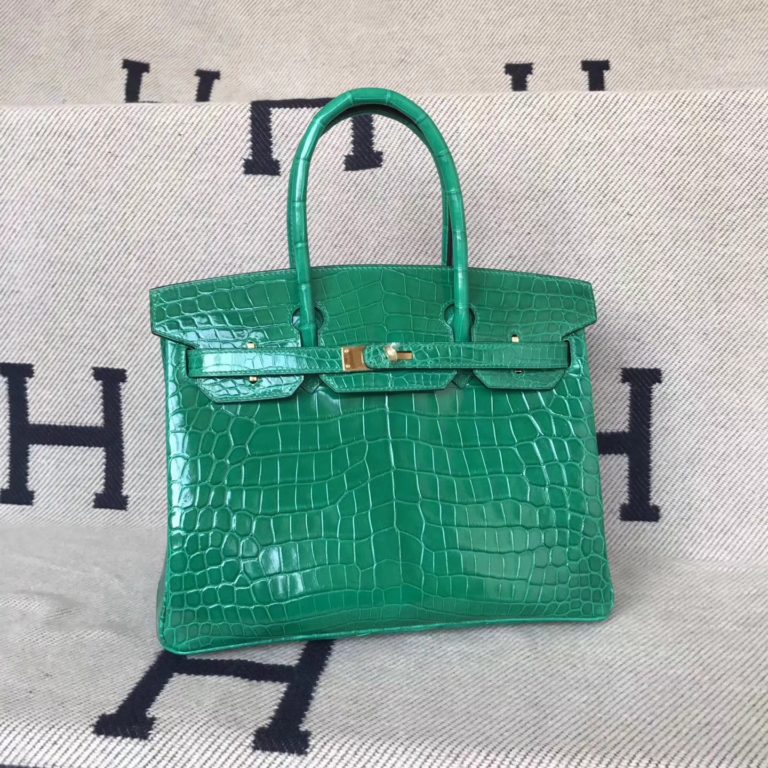 Hermes 6Q Emerald Green Crocodile Shiny Leather Birkin 30cm Bag