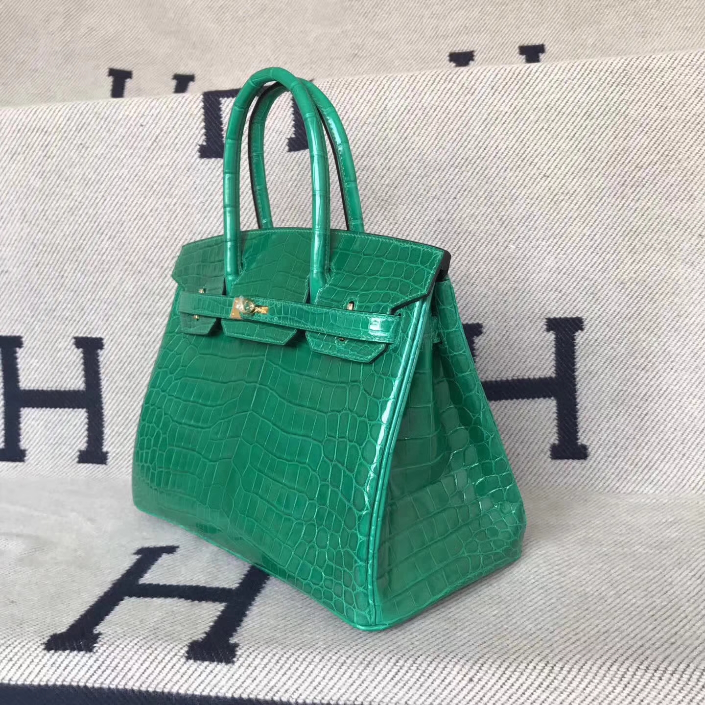 New Arrival Hermes 6Q Emerald Green Crocodile Shiny Leather Birkin30cm Bag