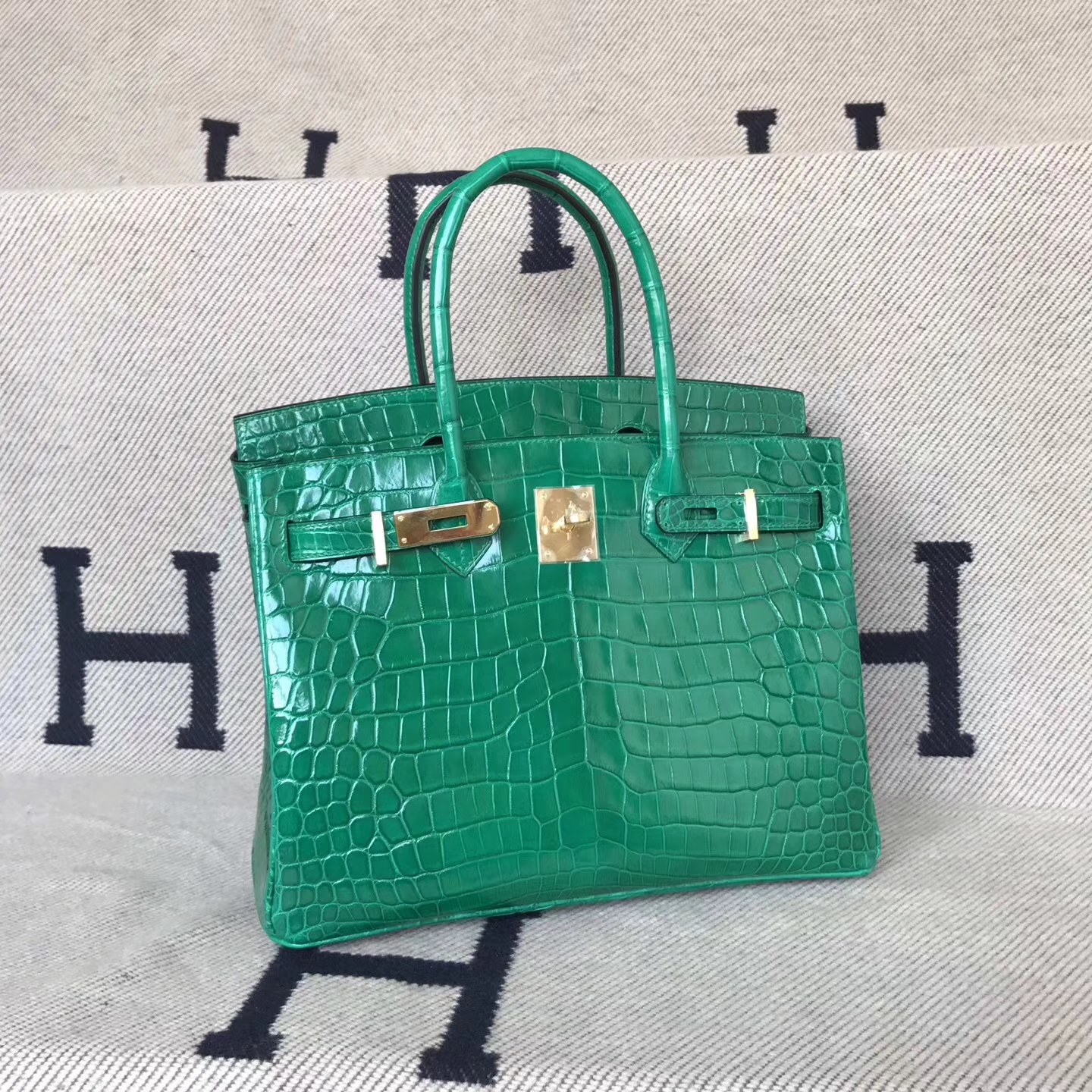 New Arrival Hermes 6Q Emerald Green Crocodile Shiny Leather Birkin30cm Bag