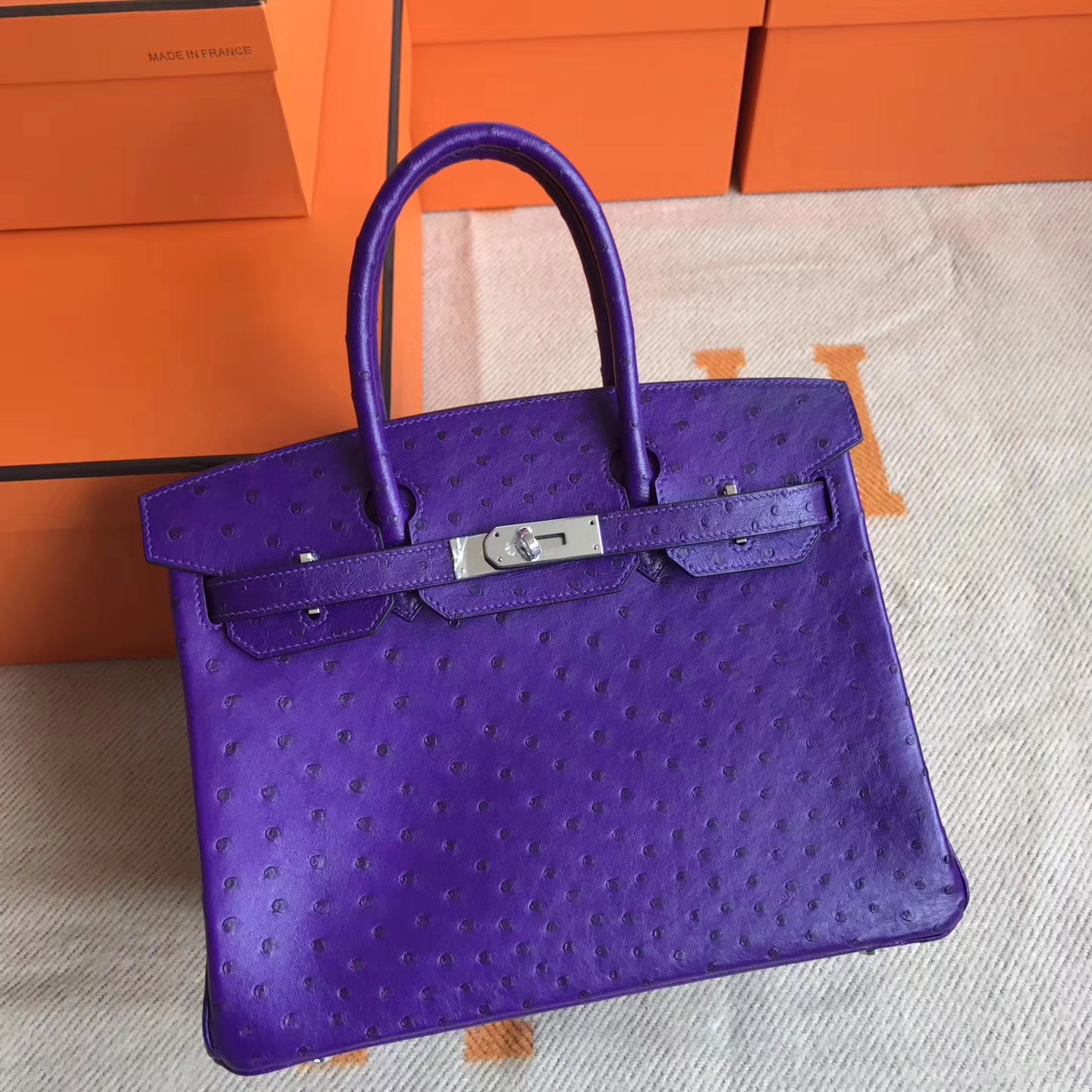 Noble Hermes 9W Violet Ostrich Leather Birkin30cm Tote Bag Silver Hardware