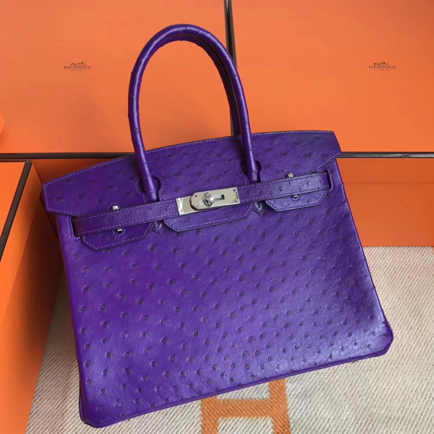 Noble Hermes 9W Violet Ostrich Leather Birkin30cm Tote Bag Silver Hardware