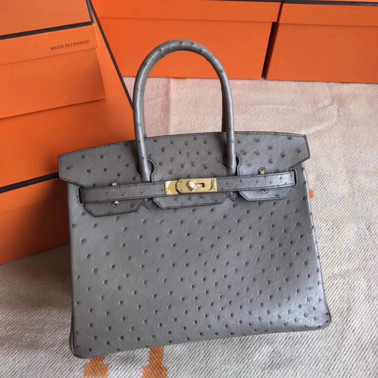 On Hermes Mousse Grey Ostrich Leather Birkin Bag 30cm Gold Hardware