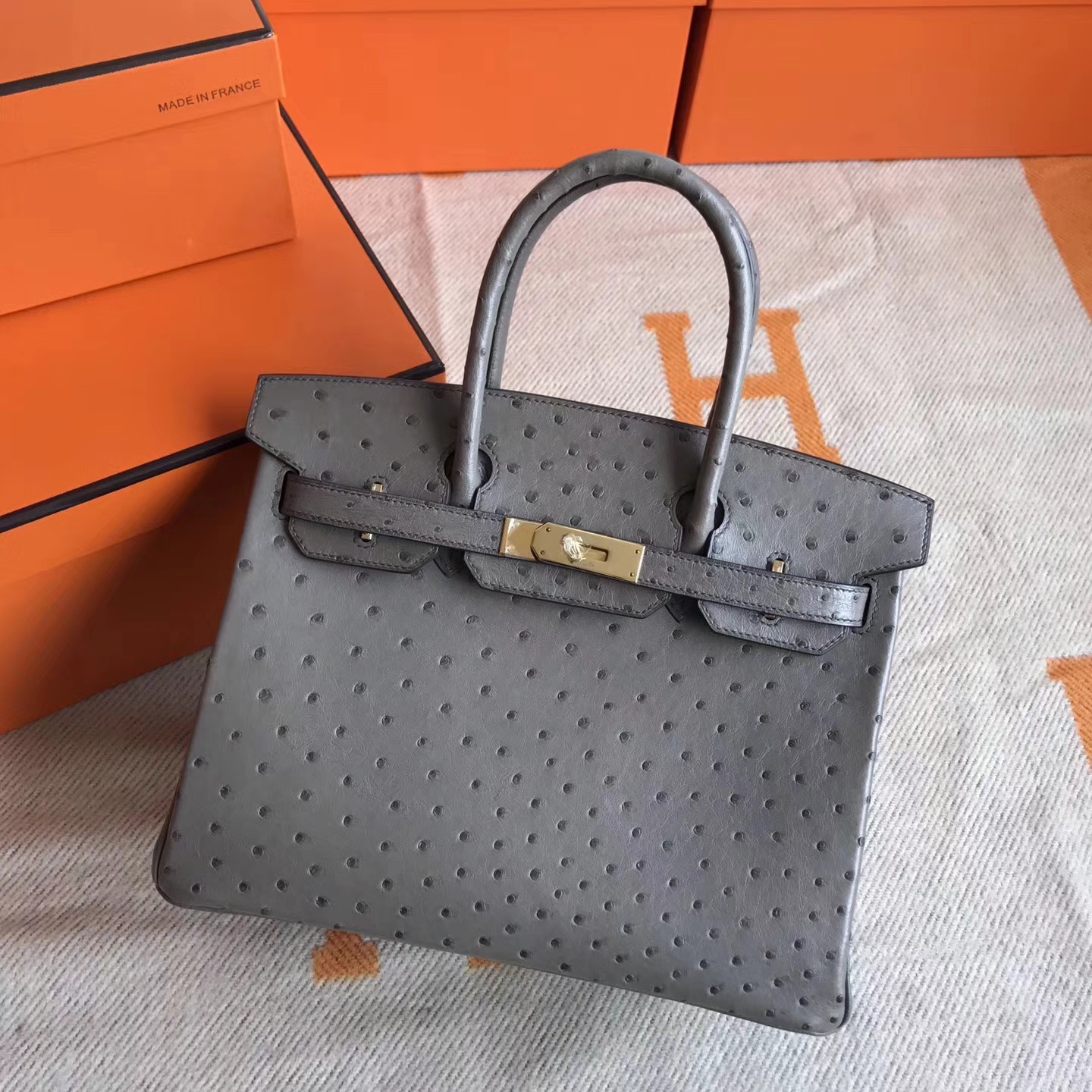 On Sale Hermes Mousse Grey Ostrich Leather Birkin Bag30cm Gold Hardware