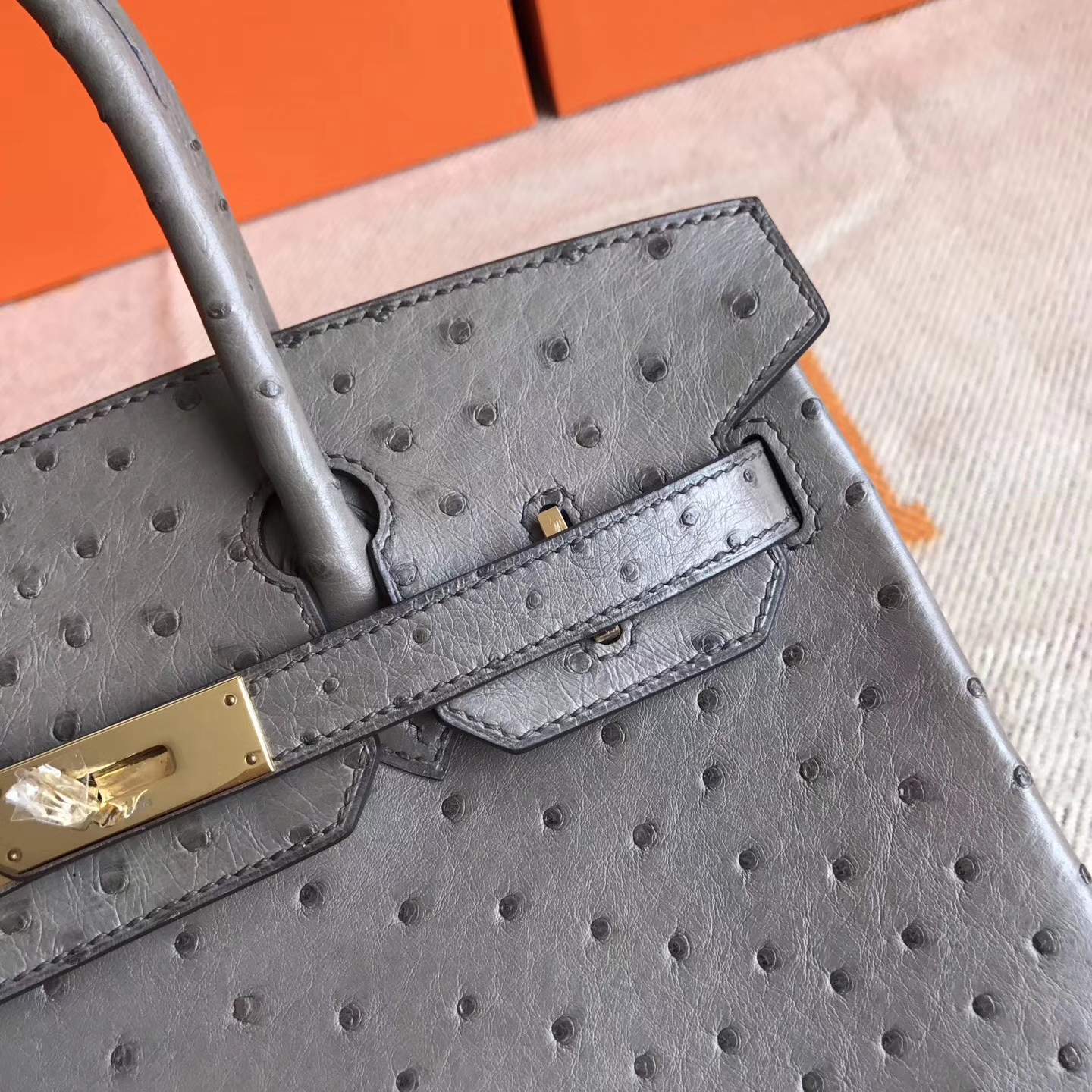 On Sale Hermes Mousse Grey Ostrich Leather Birkin Bag30cm Gold Hardware