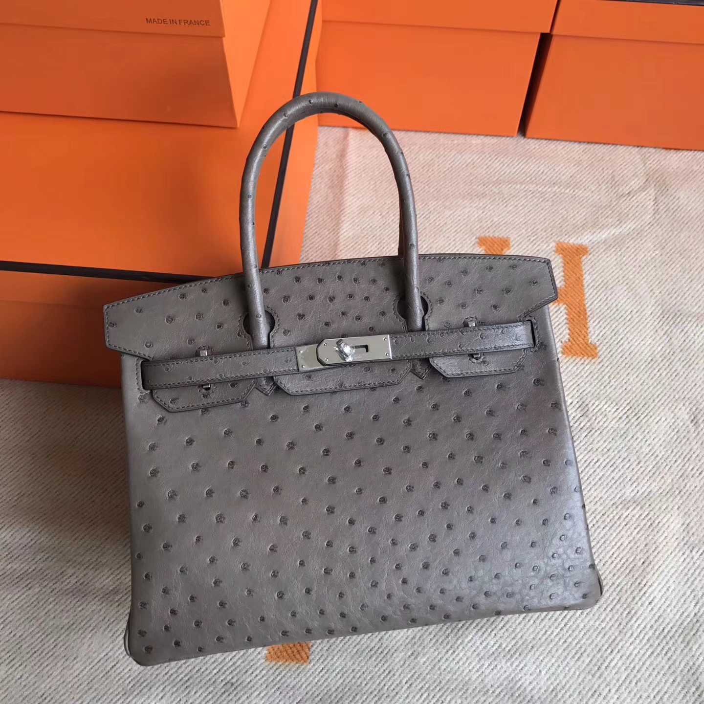 Fashion Hermes Ostrich Leather Birkin30cm Handbag in Mousse Grey Silver Hardware