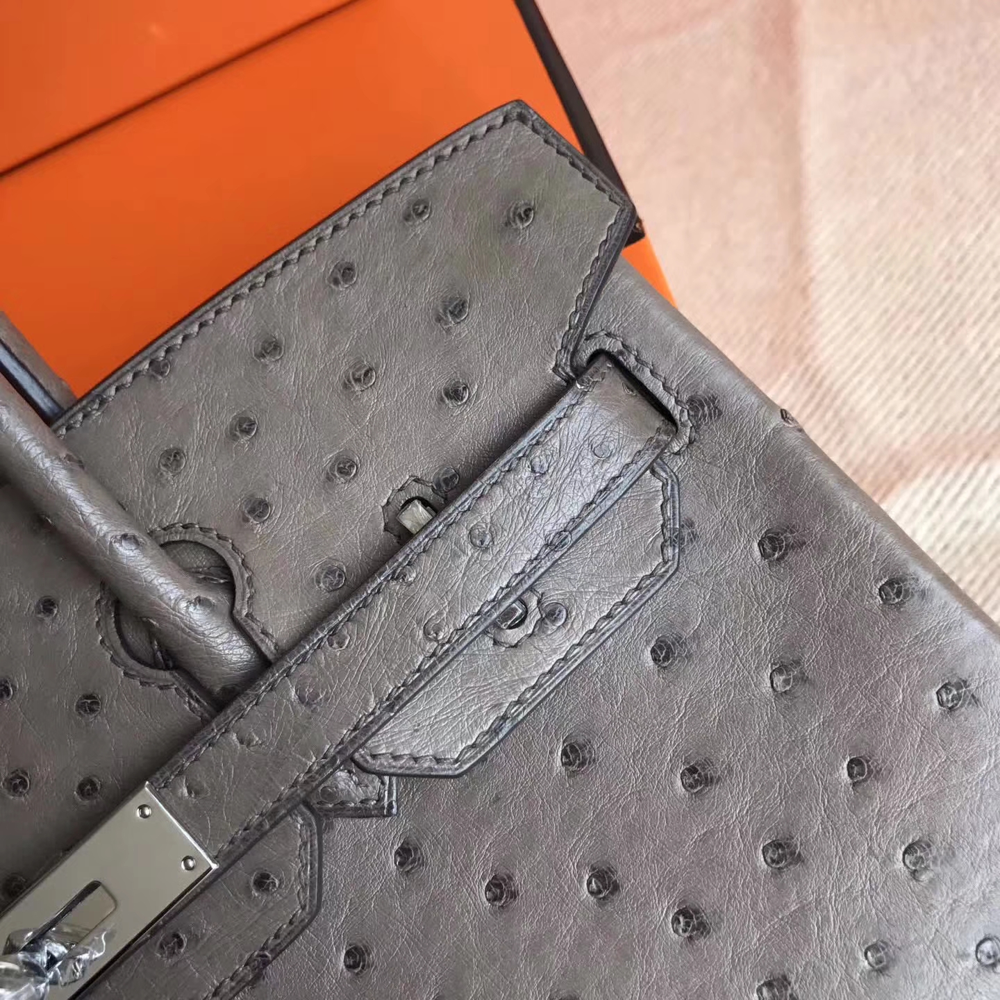 Fashion Hermes Ostrich Leather Birkin30cm Handbag in Mousse Grey Silver Hardware