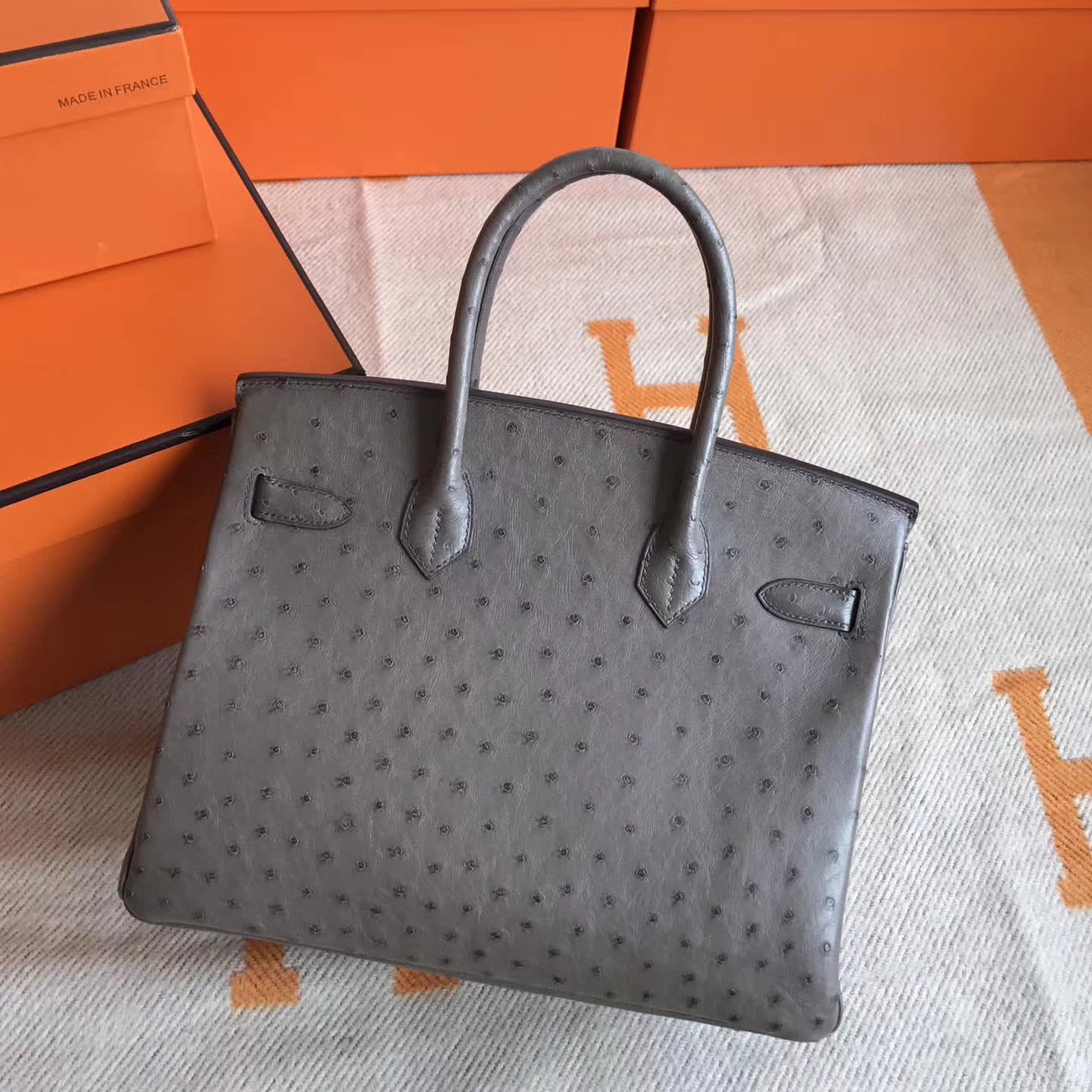 Fashion Hermes Ostrich Leather Birkin30cm Handbag in Mousse Grey Silver Hardware