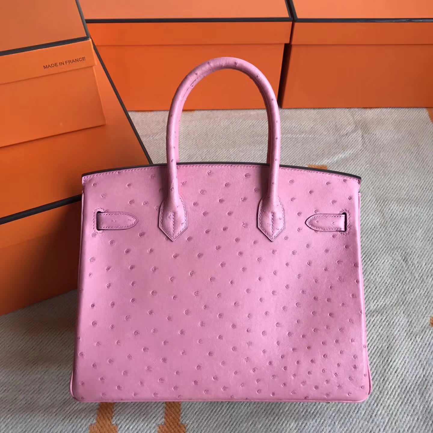 Beautiful Hermes 1Q Rose Confetti Ostrich Leather Birkin30cm Tote Bag