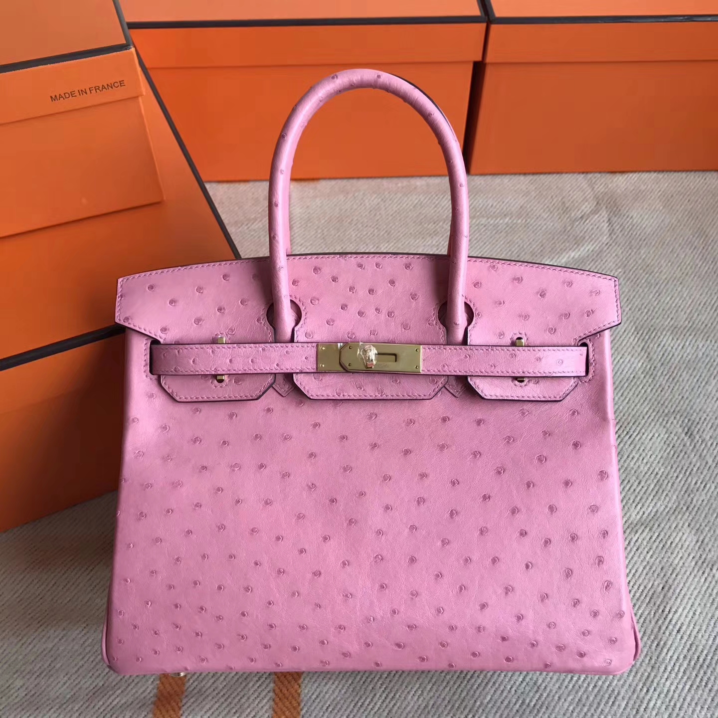 Beautiful Hermes 1Q Rose Confetti Ostrich Leather Birkin30cm Tote Bag