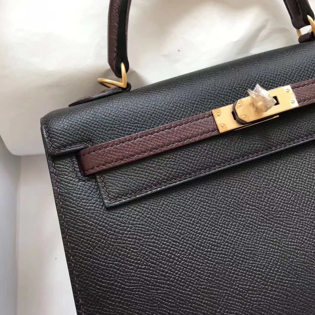 Elegant Hermes CK89 Black/CK57 Bordeaux Red Epsom Calf Kelly25CM Bag Gold Hardware