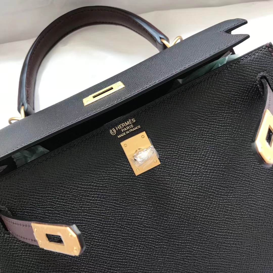 Elegant Hermes CK89 Black/CK57 Bordeaux Red Epsom Calf Kelly25CM Bag Gold Hardware