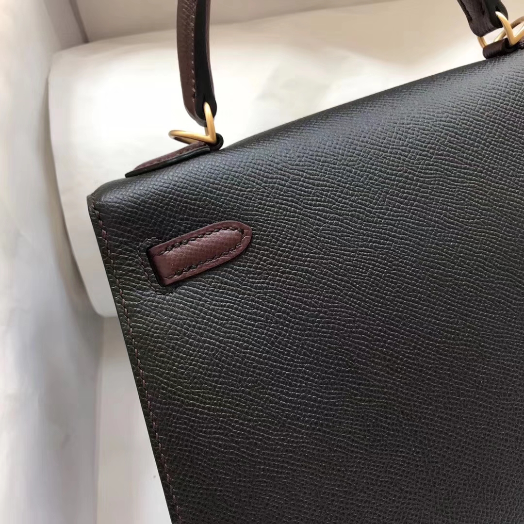 Elegant Hermes CK89 Black/CK57 Bordeaux Red Epsom Calf Kelly25CM Bag Gold Hardware