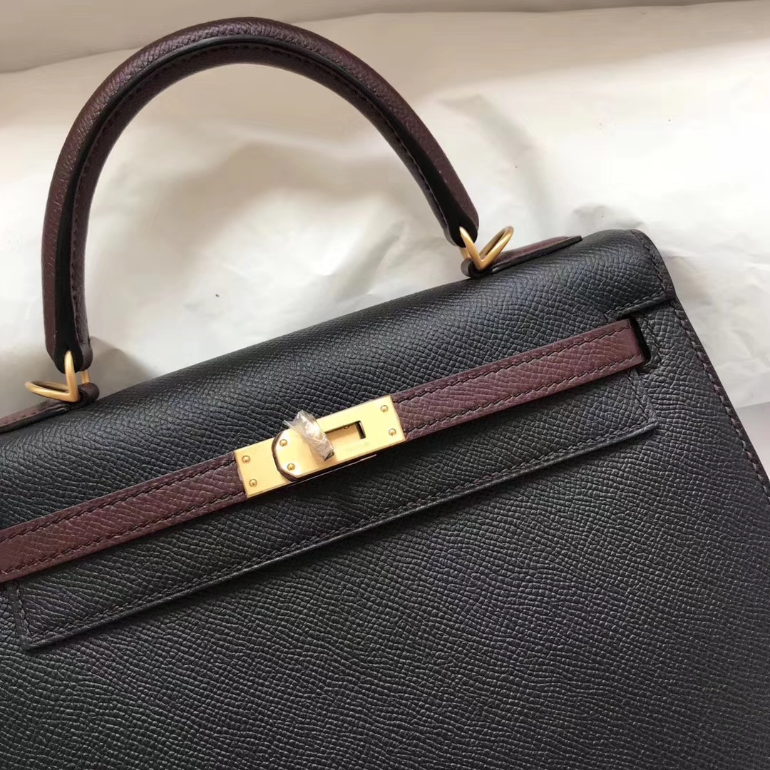 Elegant Hermes CK89 Black/CK57 Bordeaux Red Epsom Calf Kelly25CM Bag Gold Hardware