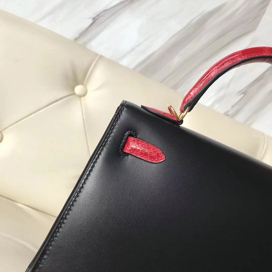Hand Stitching Hermes CK89 Black Box Calf&#038; CK95 Braise Crocodile Leather Kelly25CM Bag