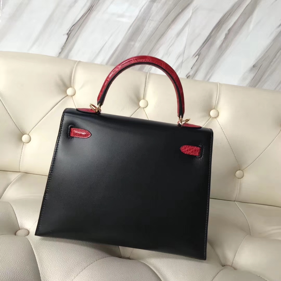Hand Stitching Hermes CK89 Black Box Calf&#038; CK95 Braise Crocodile Leather Kelly25CM Bag