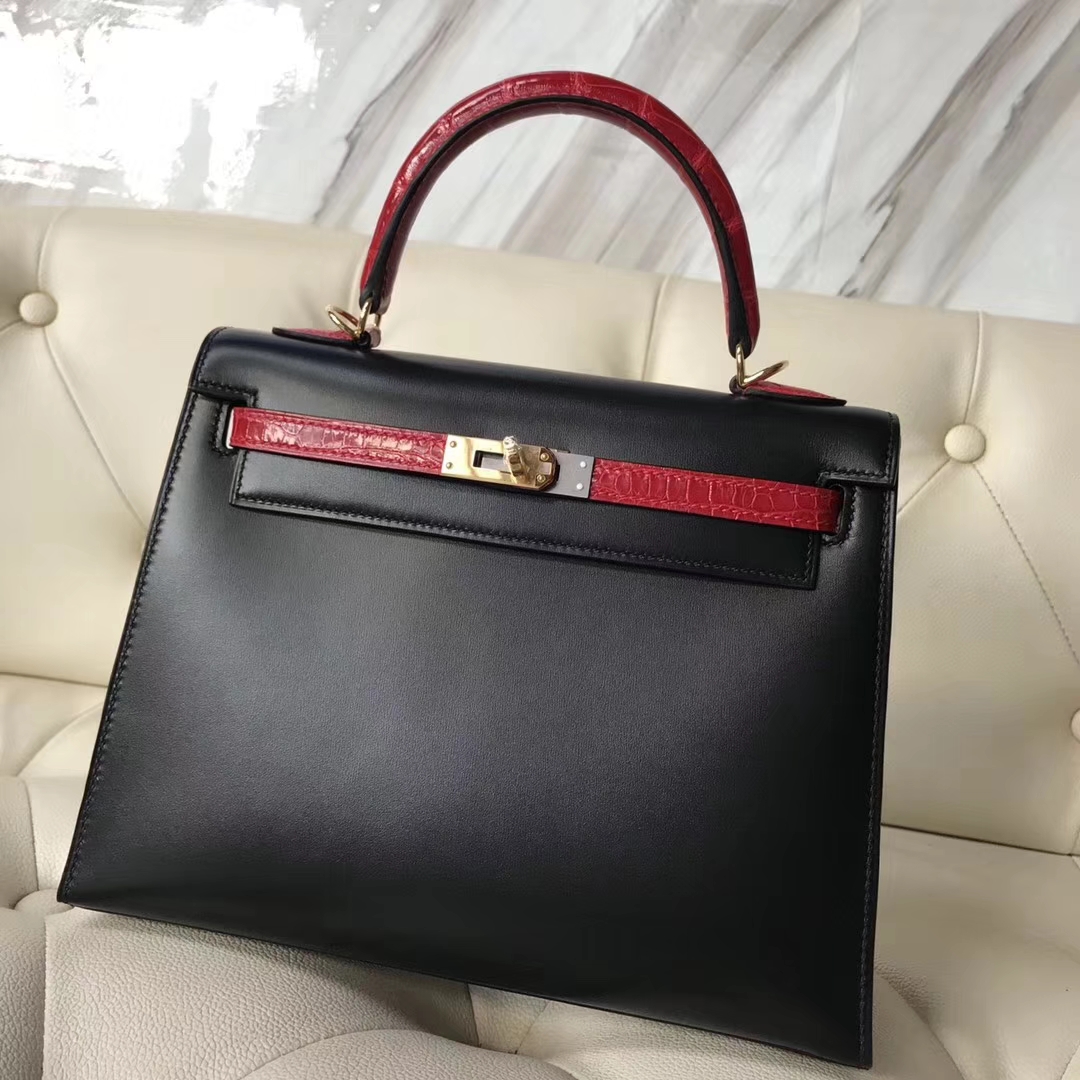 Hand Stitching Hermes CK89 Black Box Calf&#038; CK95 Braise Crocodile Leather Kelly25CM Bag