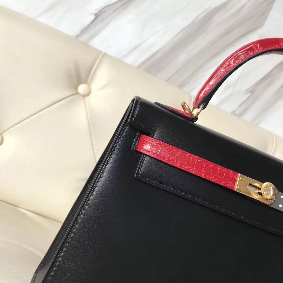 Hand Stitching Hermes CK89 Black Box Calf& CK95 Braise Crocodile Leather Kelly25CM Bag