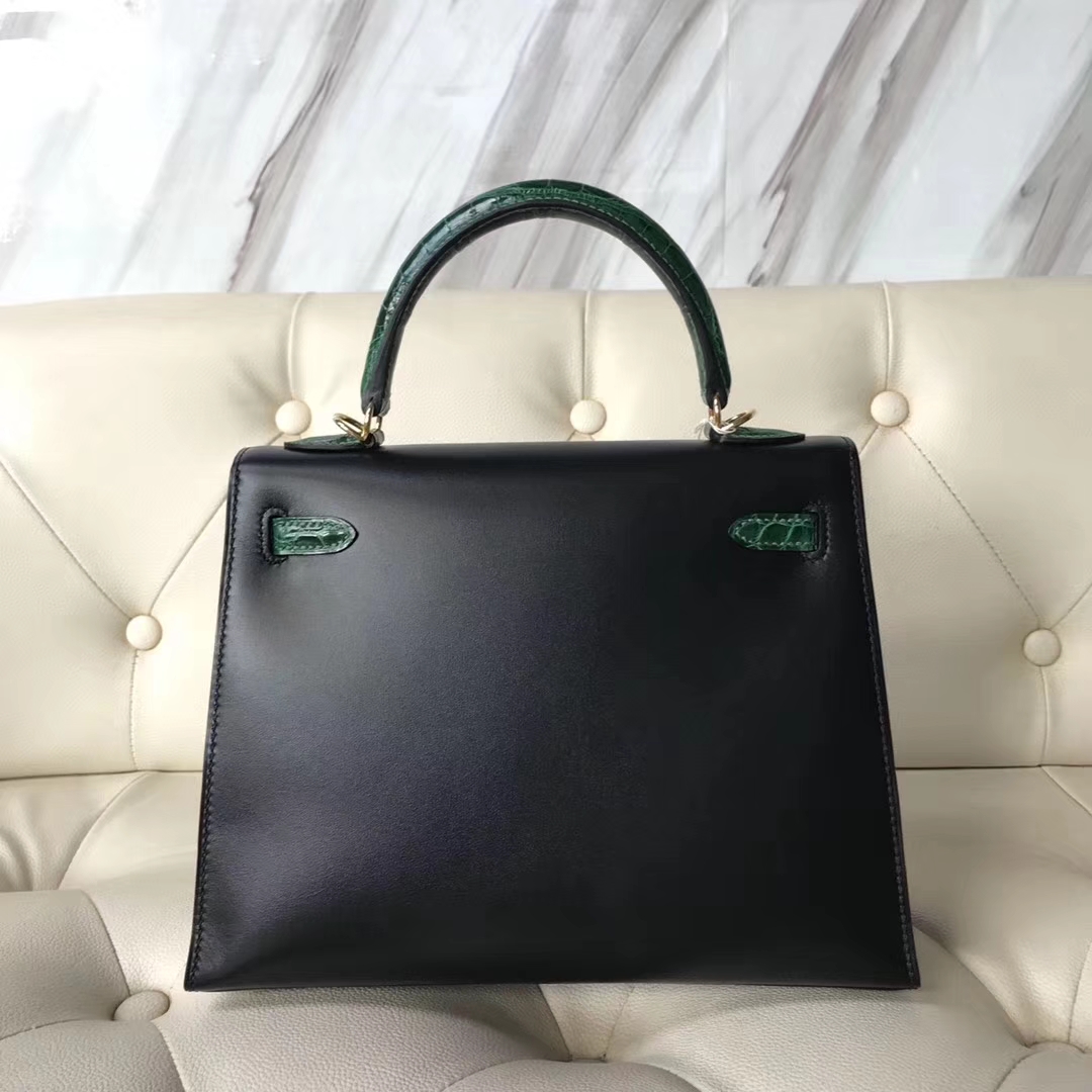 Fashion Hermes Kelly Bag25CM in CK89 Black Box Calf &#038; CK67 Vert Fonce Crocodile Leather