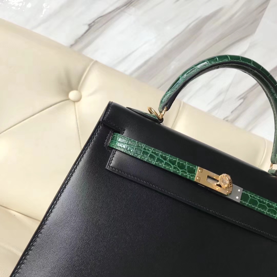 Fashion Hermes Kelly Bag25CM in CK89 Black Box Calf &#038; CK67 Vert Fonce Crocodile Leather