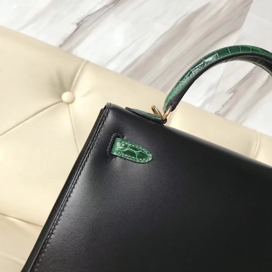 Fashion Hermes Kelly Bag25CM in CK89 Black Box Calf &#038; CK67 Vert Fonce Crocodile Leather