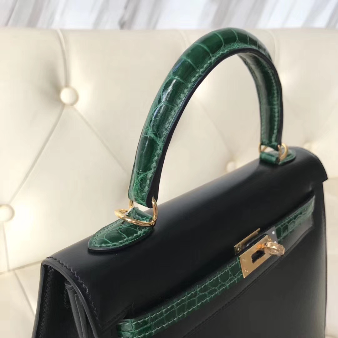 Fashion Hermes Kelly Bag25CM in CK89 Black Box Calf & CK67 Vert Fonce Crocodile Leather