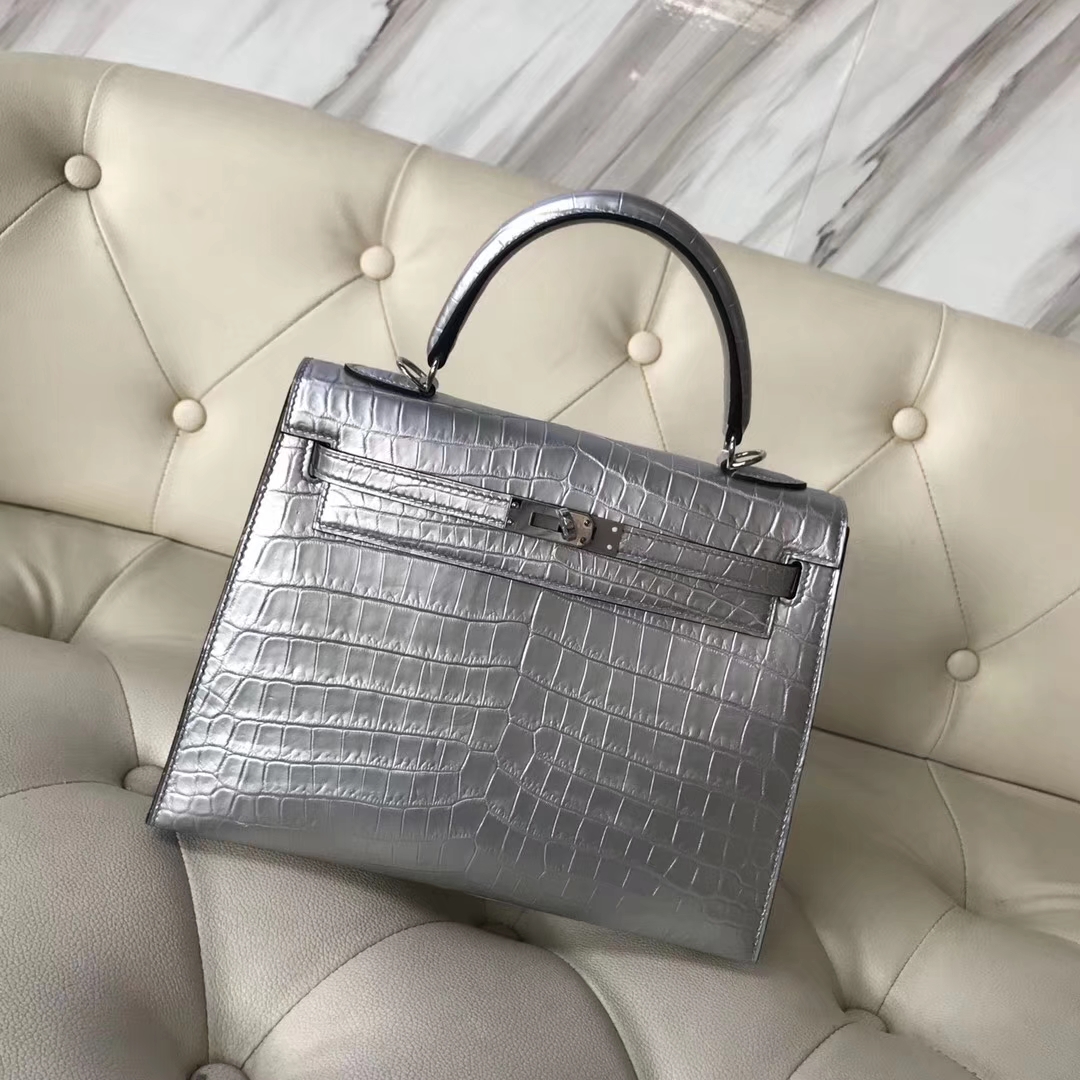 New Arrival Hermes Silver Crocodile Leather Sellier Kelly Bag25CM Silver Hardware
