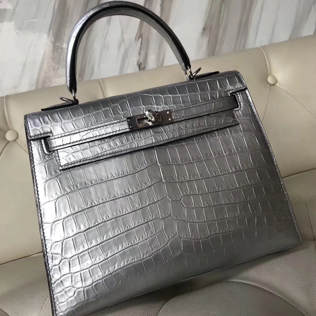 New Arrival Hermes Silver Crocodile Leather Sellier Kelly Bag25CM Silver Hardware