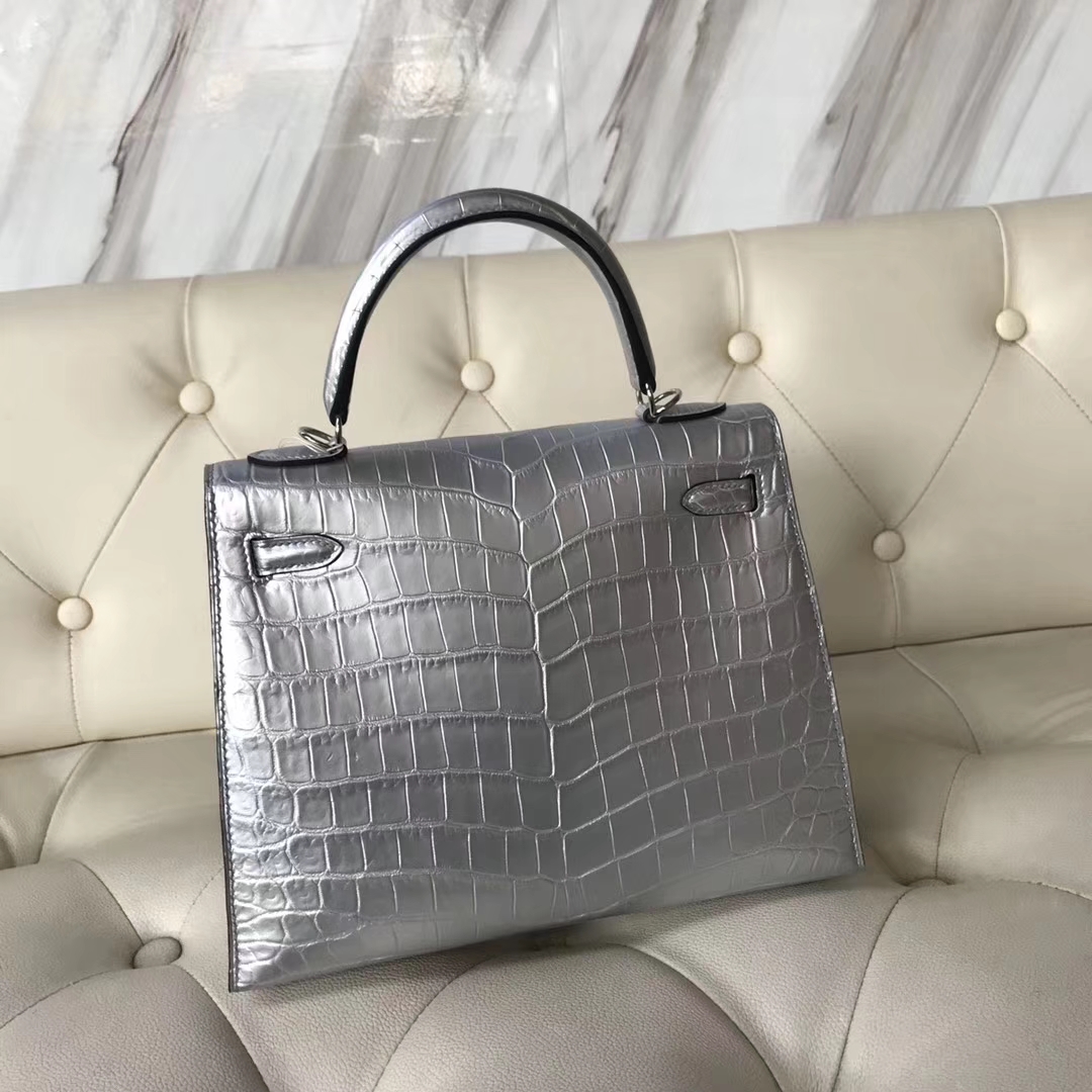 New Arrival Hermes Silver Crocodile Leather Sellier Kelly Bag25CM Silver Hardware