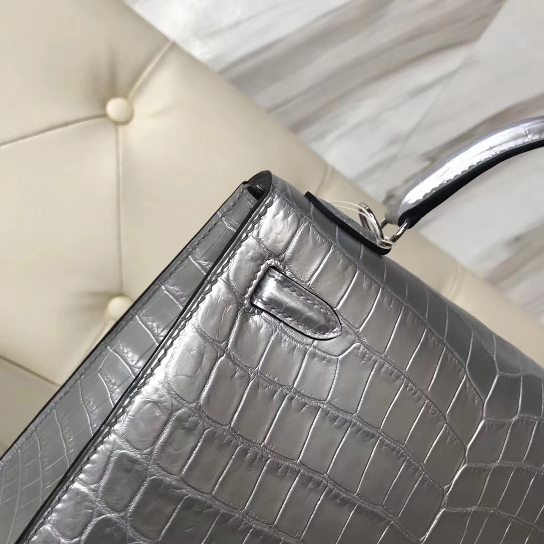 New Arrival Hermes Silver Crocodile Leather Sellier Kelly Bag25CM Silver Hardware