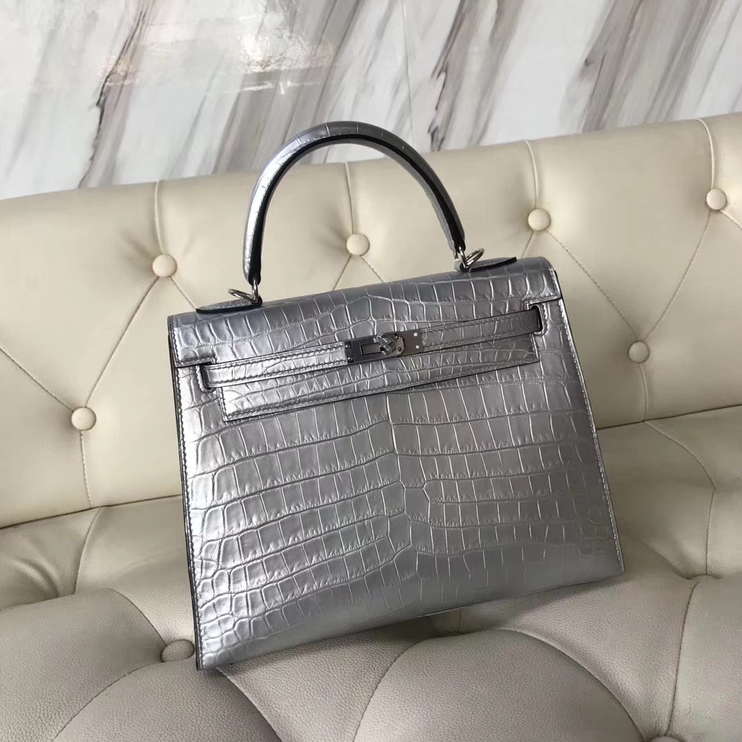 New Arrival Hermes Silver Crocodile Leather Sellier Kelly Bag25CM Silver Hardware