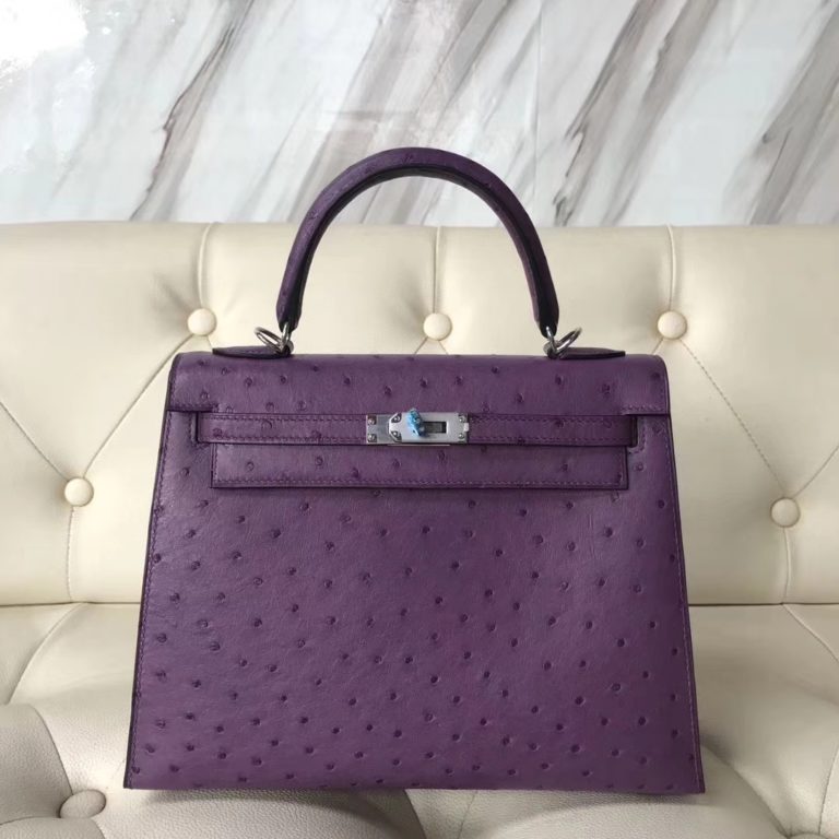Hermes P9 Anemone Purple Ostrich Leather Sellier Kelly 25CM Bag Silver Hardware