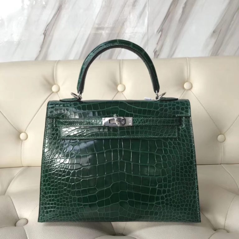 Hermes CK67 Vert Fonce Shiny Crocodile Leather Kelly 25cm Bag Silver Hardware