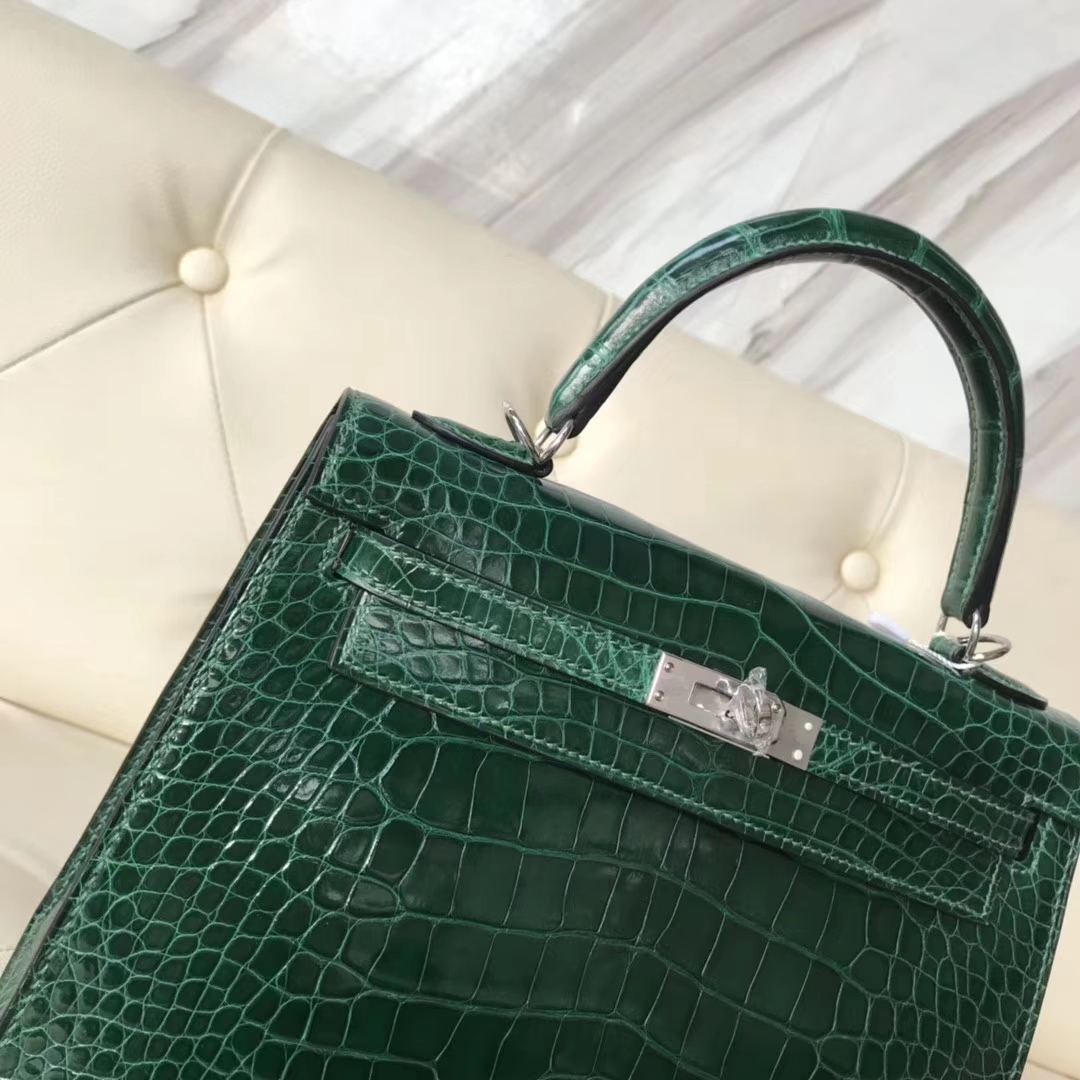 Luxury Hermes CK67 Vert Fonce Shiny Crocodile Leather Kelly25cm Bag Silver Hardware