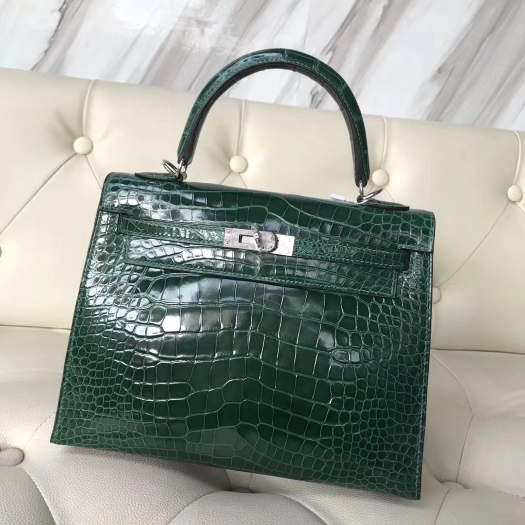 Luxury Hermes CK67 Vert Fonce Shiny Crocodile Leather Kelly25cm Bag Silver Hardware