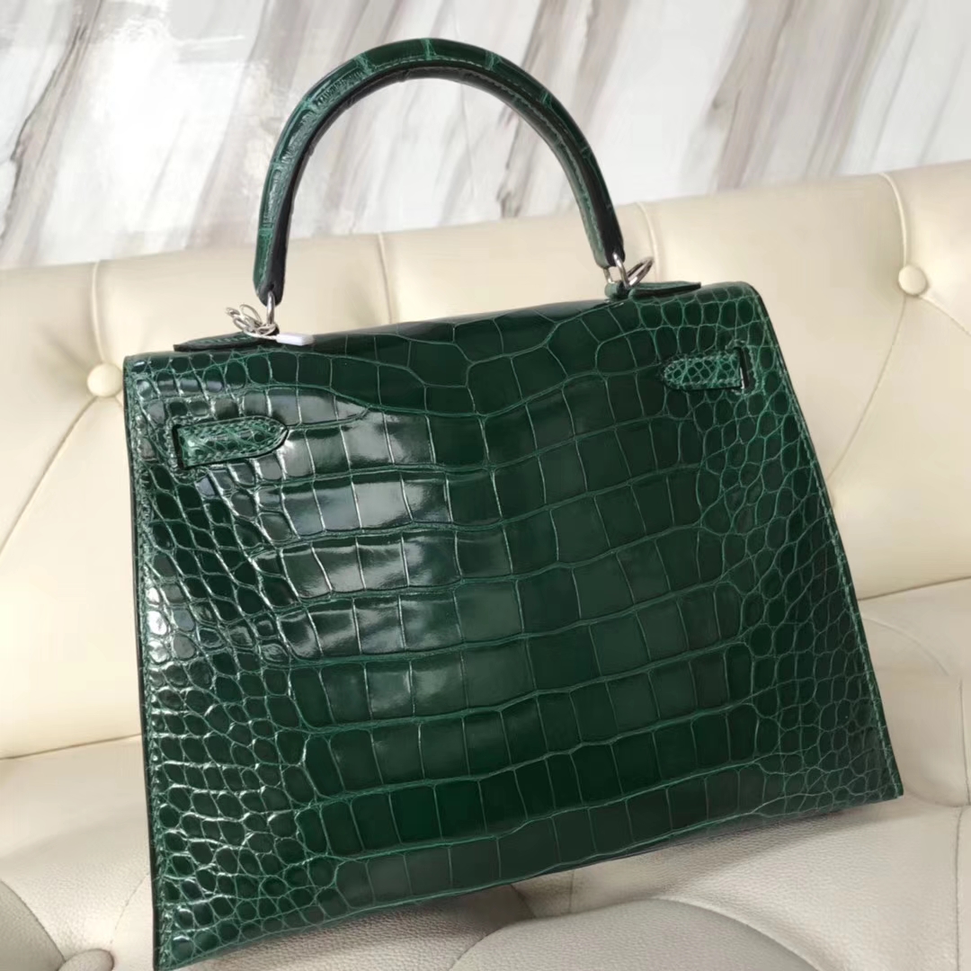 Luxury Hermes CK67 Vert Fonce Shiny Crocodile Leather Kelly25cm Bag Silver Hardware