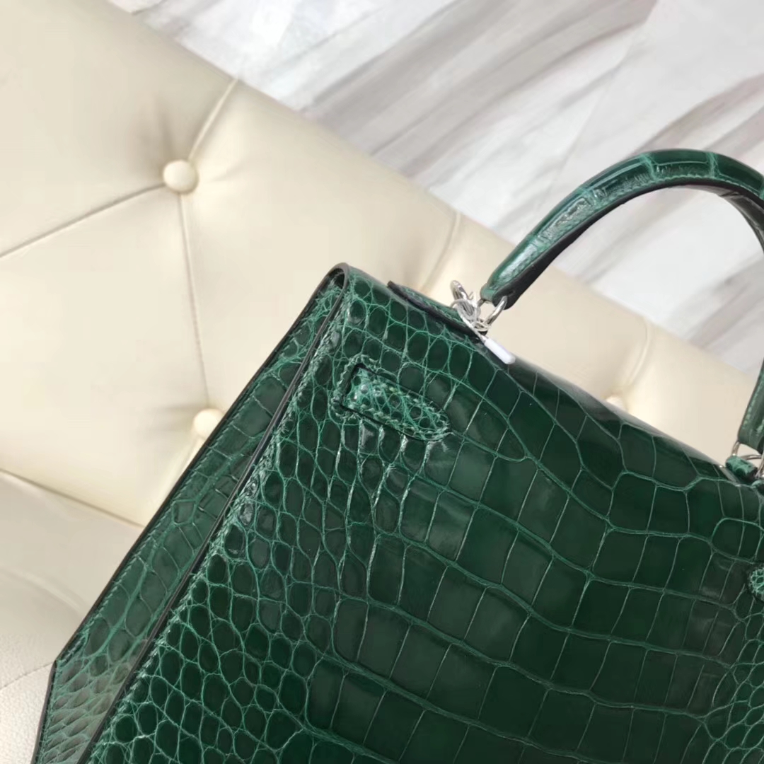 Luxury Hermes CK67 Vert Fonce Shiny Crocodile Leather Kelly25cm Bag Silver Hardware