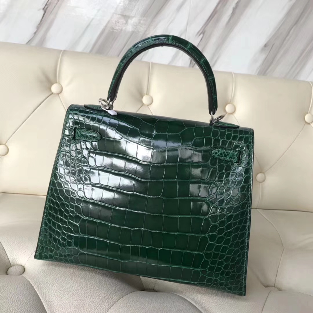 Luxury Hermes CK67 Vert Fonce Shiny Crocodile Leather Kelly25cm Bag Silver Hardware