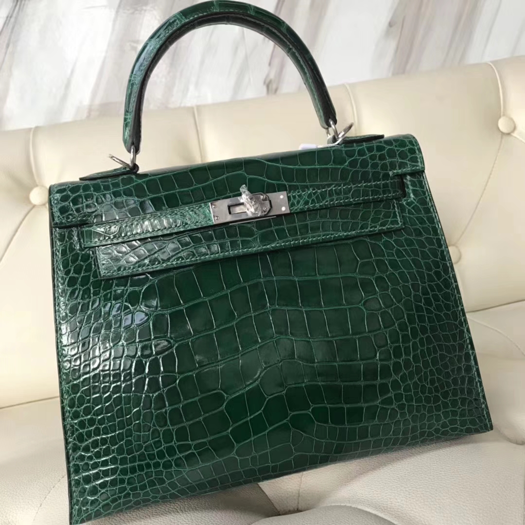 Luxury Hermes CK67 Vert Fonce Shiny Crocodile Leather Kelly25cm Bag Silver Hardware