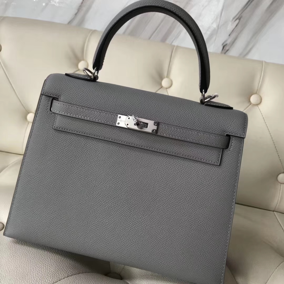 New Arrival Hermes Epsom Calf Kelly Bag25CM in 4Z Gris Mouette Silver Hardware