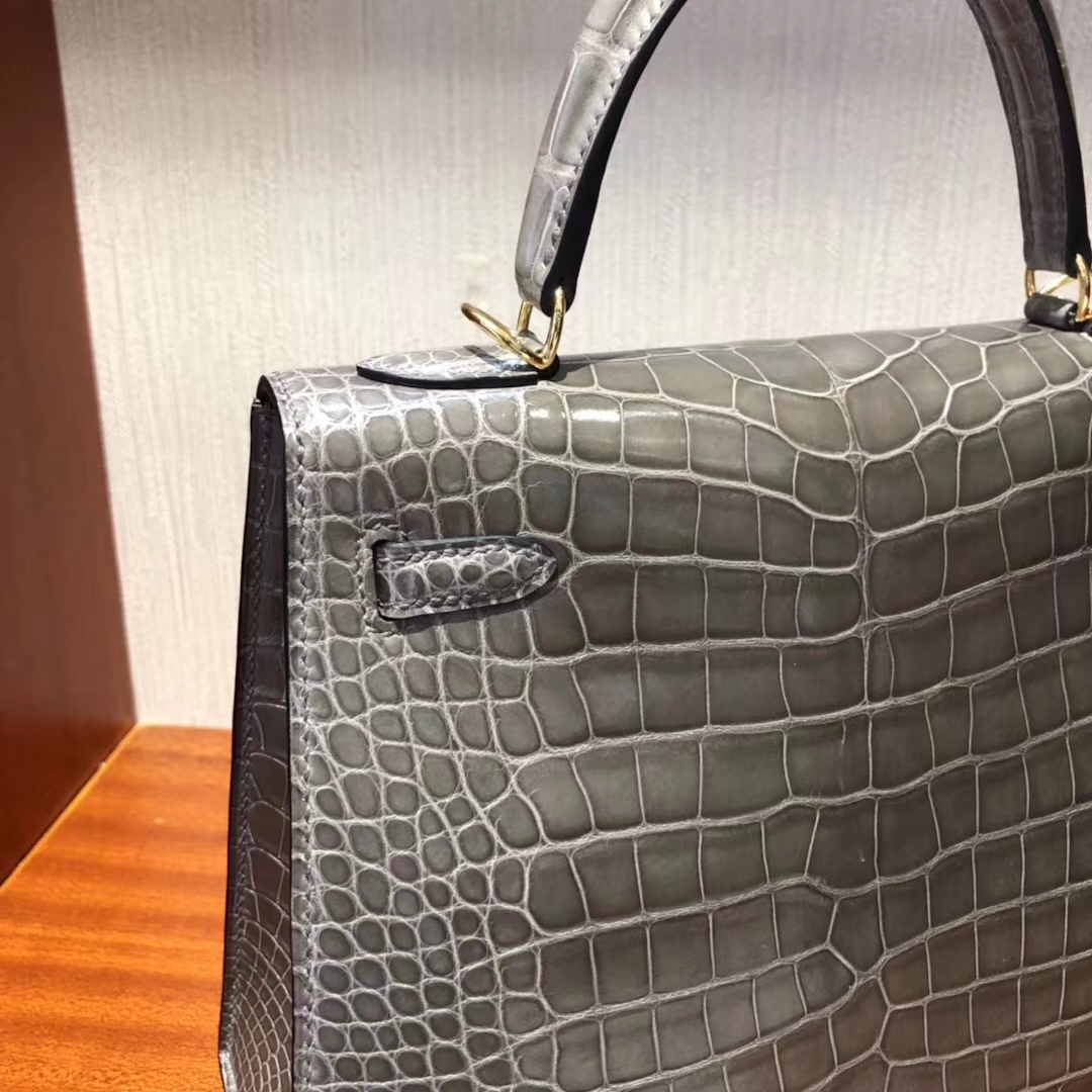 Discount Hermes Shiny Alligator Crocodile Kelly25CM Bag in CK81 Gris Tourterelle