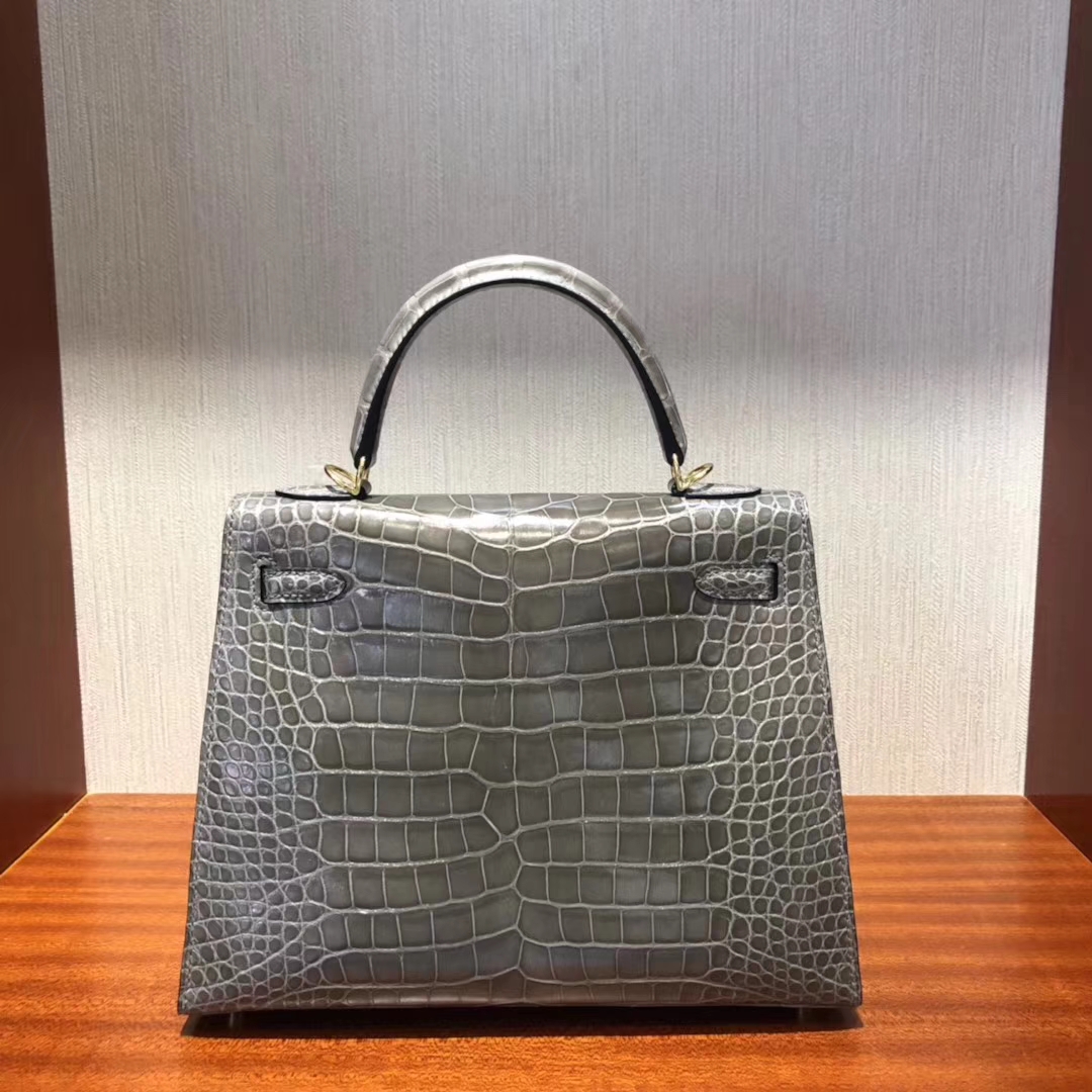 Discount Hermes Shiny Alligator Crocodile Kelly25CM Bag in CK81 Gris Tourterelle