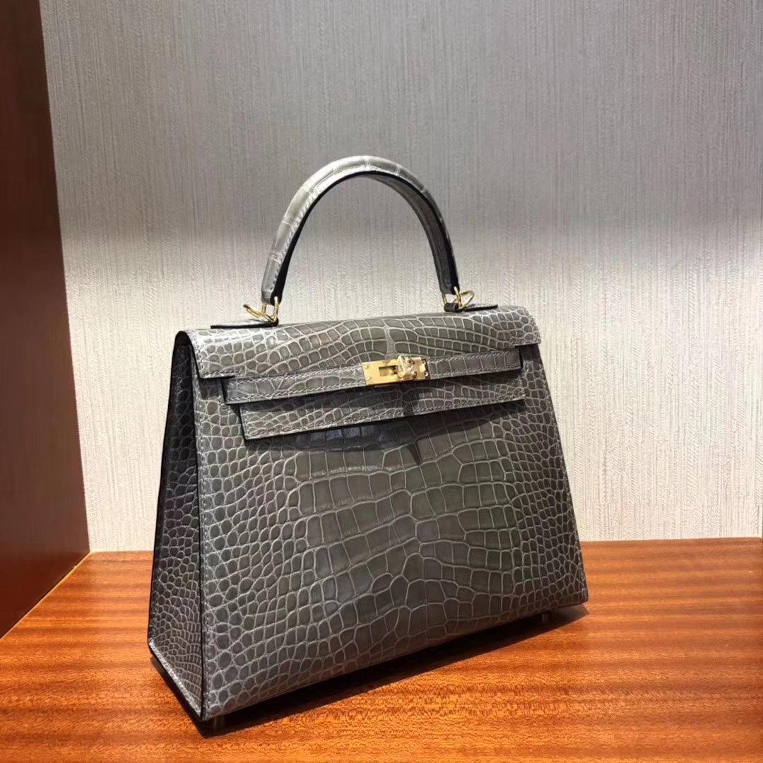 Discount Hermes Shiny Alligator Crocodile Kelly25CM Bag in CK81 Gris Tourterelle